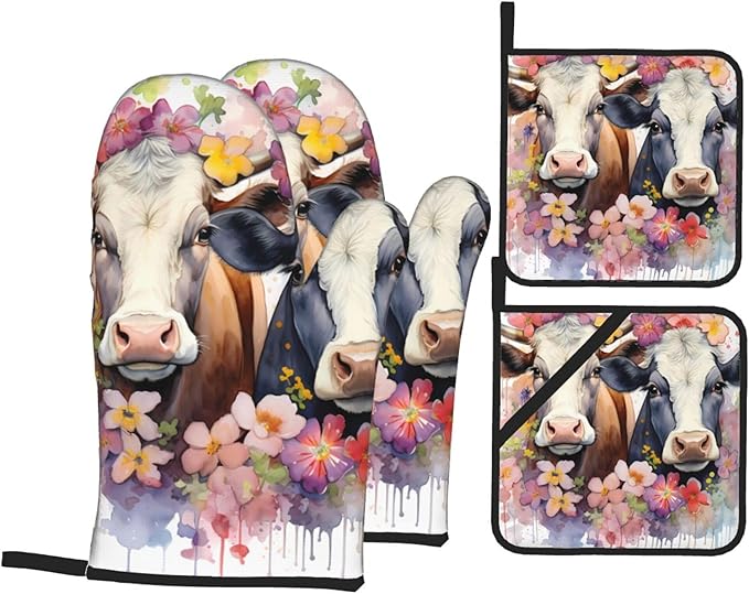 Watercolor Cows Oven Mitts and Pot Holders Sets Daisy Flower Kitchen Oven Gloves Heat Resistant 500 Degrees Oven Mitt and Hot Pad for Cooking BBQ Baking Grilling