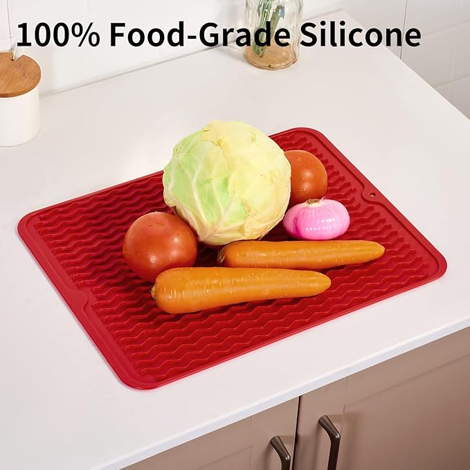 ZLR Silicone Dish Drying Mat & Heat Resistant Trivet (12" x 16") - Waterproof Counter Protector for Air Fryer, Coffee Maker - Non-Slip, BPA Free Kitchen Pad, Easy Clean Dishwasher Safe (Lava Red)