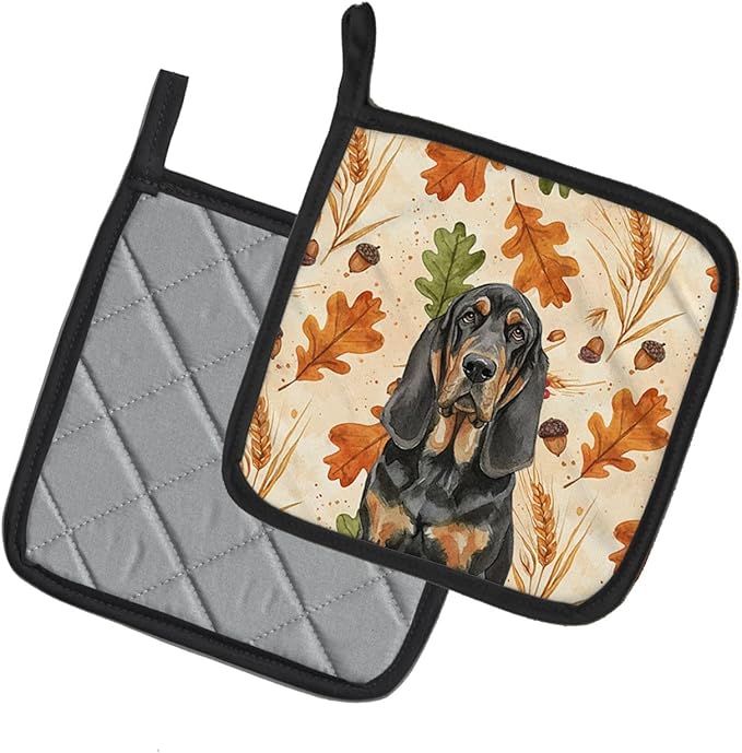 Caroline's Treasures Black and Tan Bloodhound Heirloom Fall Pair of Pot Holders Pair 7.5x7.5 Quilted Insulated Hot Pads Decorative Kitchen Gift Made in USA