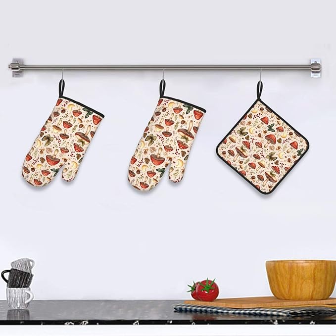 Mushroom Pot Holders and Oven Mitts Set, Botanic Farmhouse Potholders and Oven Mitts for Baking Cooking Grilling BBQ, Mushroom Gifts for Women Chef Baker