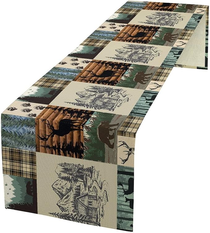 Cabin Bear Deer Table Runner Vintage Rustic Farmhouse Animal Art Printed Dinner Runner for Home Kitchen Dining Table Decor Fabric 1 Panel W13xL120in
