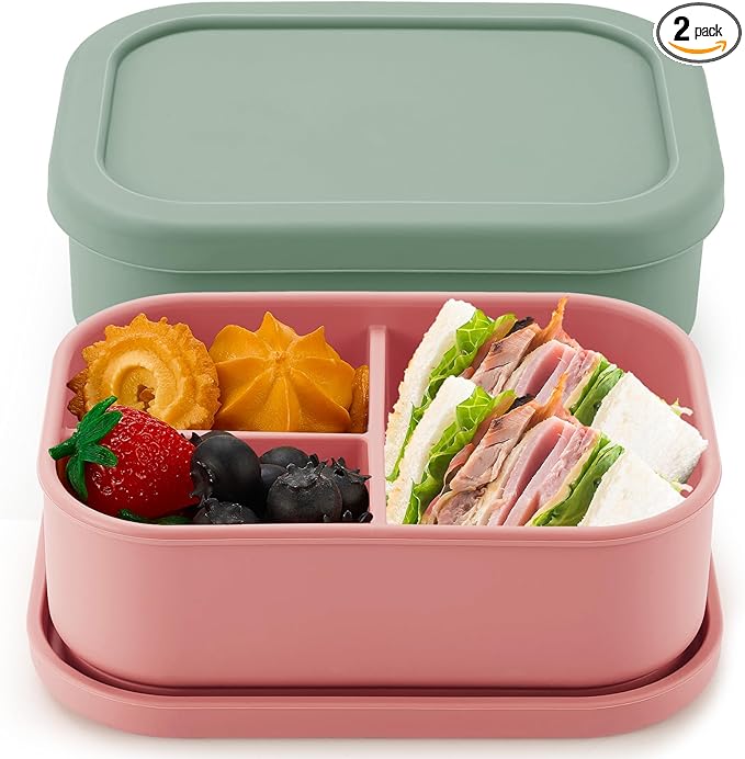 Layhit 2 Pcs Silicone Bento Box for Adults, 27 oz Bento Lunch Container Reusable 3 Compartment Lunchable Food Container for Women Men, Leak Proof Microwave Dishwasher Freezer Safe (Dark Red, Green)
