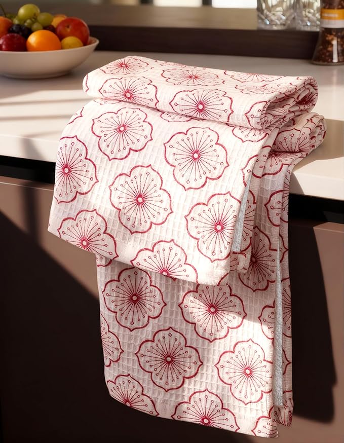 Miss Adola Cotton Waffle Kitchen Towels – Cute 370 GSM 16x25 Inch Terry Cloth Waffle Decorative Dishcloth for Kitchen Set of 2 with Hanging Loop Absorbent Hand Tea Towel for Home Design, Sakura