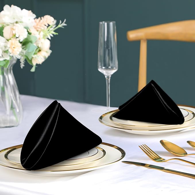 100 Pack Black Satin Napkins and Napkin Rings Set, 12 x 12 Inch Silky Soft Cloth Napkins Set of 50, Square Satin Dinner Table Napkins Bulk for Wedding Banquet Graduation Party Decoration