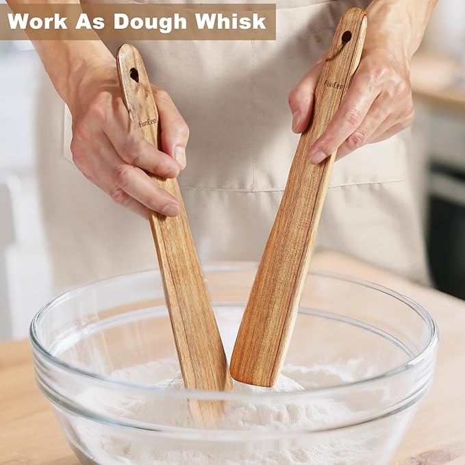 2 Pack Teak Wood Spatula, 12 Inch Wooden Spoons for Cooking, Sourdough Starter, Flat Steak Turner, Dough Whisk Spurtle Baking Utensil, Heat Resistant Spatulas for Cast Iron Flipping, stirring, Turning
