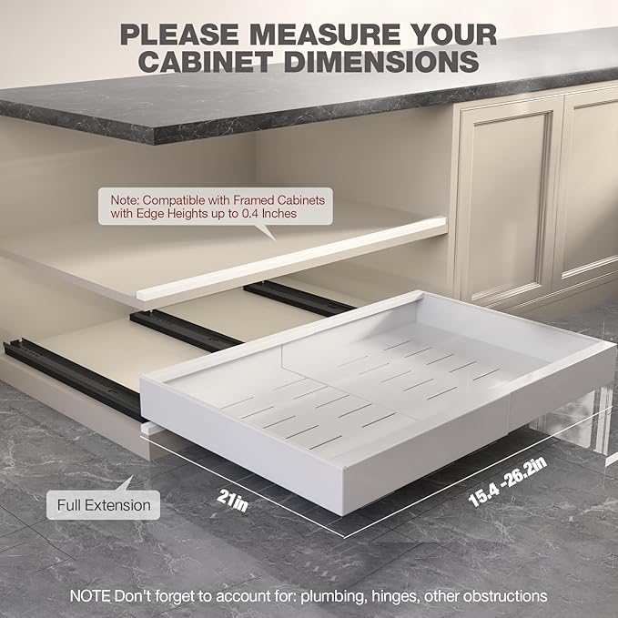 Seinloes 1 Pack Pull Out Cabinet Organizer 21" Deep,Full Extension 3 Slide Rails Slide Out Drawers With Raising Pad for Framed Cabinets,Expandable Width (15.4"-26.2"),No Drill Roll Out Shelves,White