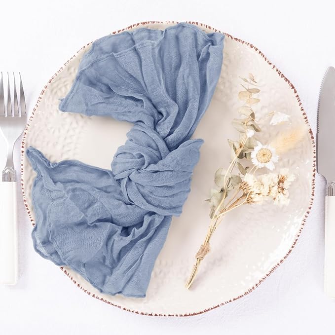 DeZerlor 12 Pack Dusty Blue Cheesecloth Napkins Spring Cloth Napkins Set of 12 Blue Dinner Napkins Bulk 21x21 Inches for Wedding Bridal Shower Baby Shower Parties