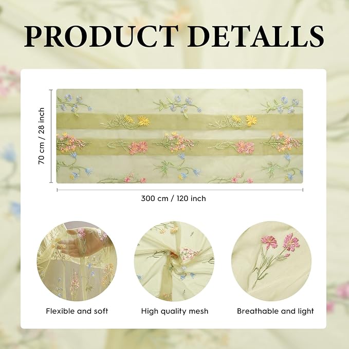 Artoid Mode Wildflower Floral Fern Green Gauze Embroidery Table Runner 120 Inch 10FT, Tulle Seasonal Spring Kitchen Dining Table Decor for Home Party