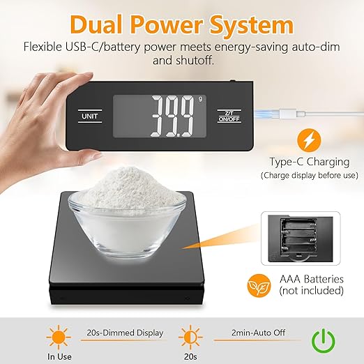 Digital Kitchen Scale with Detachable Display Wireless Food Scale, 11lb/5kg Capacity, 1g Precision, 304 Stainless Steel, Backlit LCD, Tare Function for Baking, Cooking, Meal Prep, Black