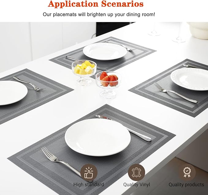 Placemats Set of 4,Washable,Heat and Stain Resistant Indoor/Outdoor Place mats,Vinyl Woven Non Slip Table Mats for Restaurant Table Protection,PVC Placemats(Gray,4PCS)