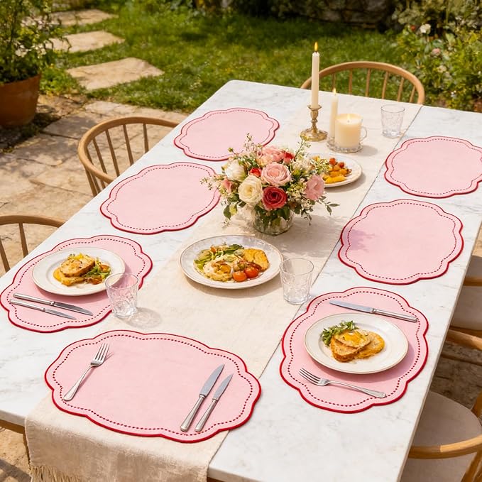 Cotton Linen Placemats Set of 4 - Double Layered, Luxury Scalloped Embroidered Cloth Table mats - Holidays, Christmas, Washable Mat, 16 x 13 inch (Pink)