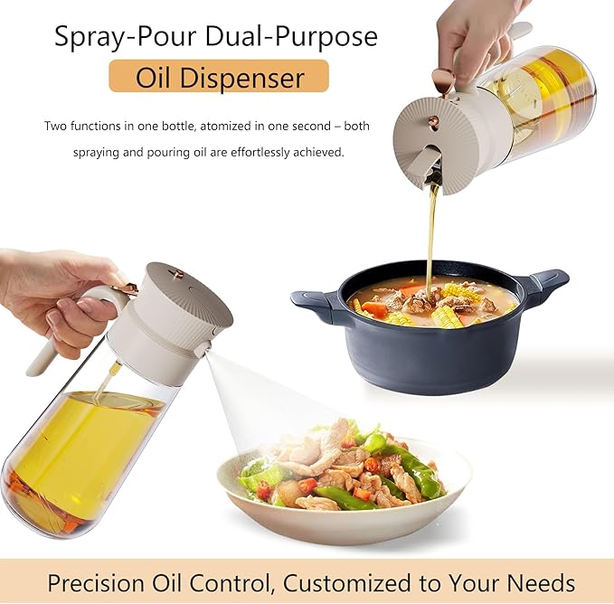 2025 New 19.6oz/580ml Olive Oil Sprayer for Cooking, Leak Glass Olive Oil Dispenser Bottle, 2 in 1 Oil Dispenser and Oil Sprayer, Switch Between Mist & Precision Pour for Air Fryer, BBQ, Salad,Baking