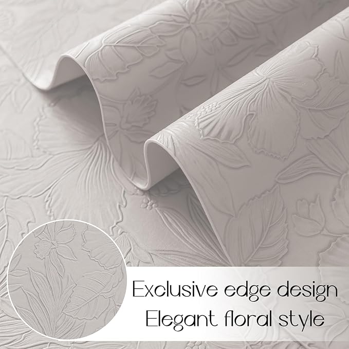 Romanstile Vinyl Placemats Set of 4-12 X 17 Inch - Heat Resistant Non-Slip Embossed Floral Place Mats 100% Waterproof Oilproof Wipeable Faux Leather Table Mats for Kitchen/Dining/Party, LightGrey