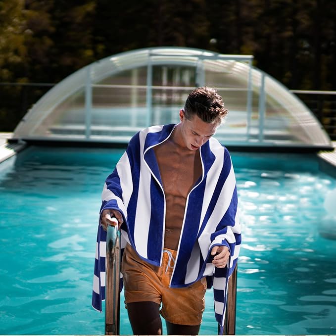 LULUHOME Large Oversized Beach Towel - Big Cotton 36 x 70 Inch Striped Pool Towel, Large Cabana Soft Swimming Towel for Adult Men Women,Dark Blue