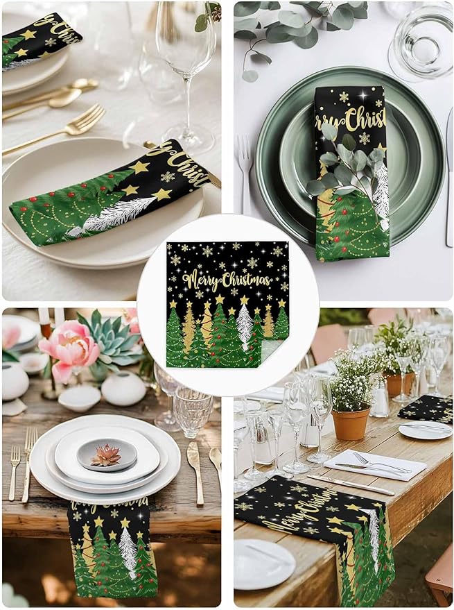 Christmas Tree Black Cloth Napkins Set of 6 - Forest Pine Washable Dinner Napkins Snowflakes Xmas Stars Sparkle Table Reusable Napkin for Home Party Wedding Dining Table Decoration, Oversized 20"x20"
