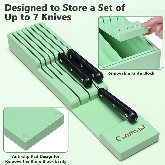 9-Piece Bamboo Kitchen Drawer Organizer Set, Expandable Silverware &Utensil Organizer with Removable Knife Block & Steak Knives, Flatware Organization, Tableware Dividers Storage(Cyan)