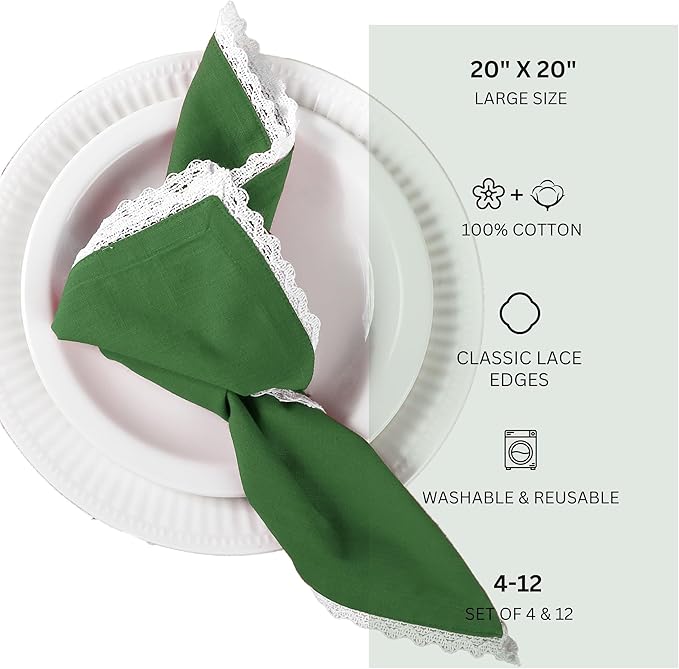 FINGERCRAFT Dinner Cloth Napkin Cotton Blend 12 Pack Vintage Rustic Premium Quality Mitered Corners Napkin Cloth with Elegant Lace for Everyday Use, Pre Shrunk and Good Absorbency 20x20 in Eden Green