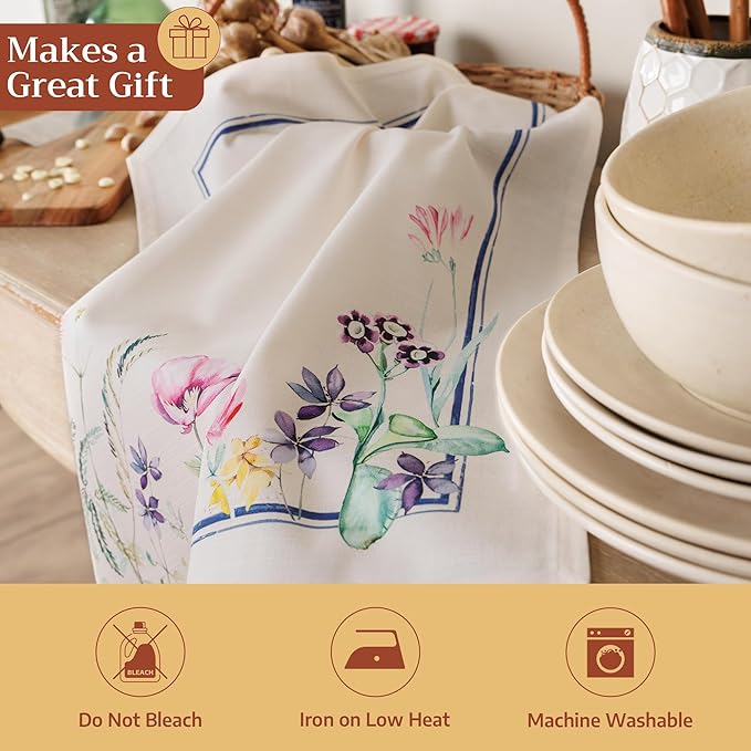 Maison d' Hermine Kitchen Towels Set of 3 100% Cotton 27.50" x 20" Reusable Cloth Tea Dish Towels Absorbent with Hanging Loop for Kitchen Gifts for Mothers Day Spring/Summer (Faience)