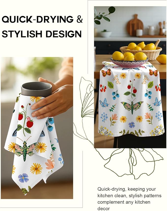 Miss Adola Flour Sack Kitchen Towels Set of 2-18x26 Cotton Dish Towels with Hanging Loop Reusable Tea Towel for Cleaning Spring Absorbent Dishcloths Cute Home Decor Housewarming, Butterfly Garden