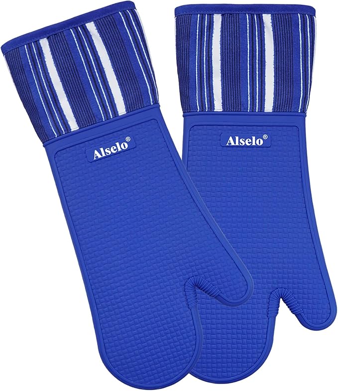 Alselo Oven Mitts Heat Resistant Silicone Kitchen Gloves for 550 Degrees with Waterproof and Non-Silp, Oven Gloves for Baking Cooking Barbecue Microwave Machine Washable (Extra Long Navy, 2)