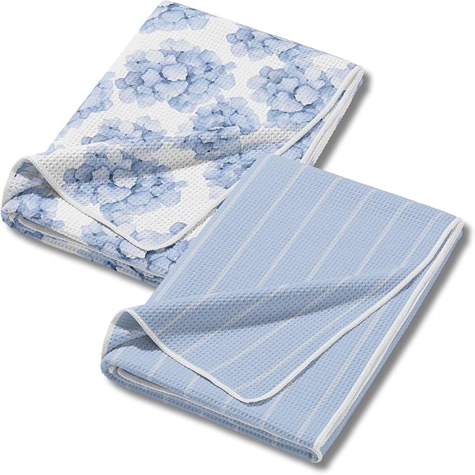 HALL & PERRY Kitchen Tea Towel, Ultra Soft, Quick Dry Microfiber Dish Cloths - 18"x30" Premium Quality Waffle Towel - Stripes and Flowers, Blue (2, Sammie)