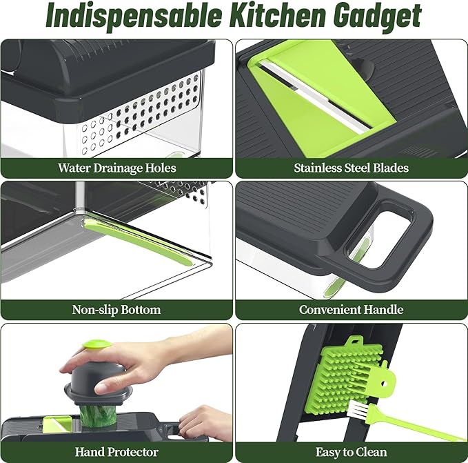 StoreHappily 12-in-1 Vegetable Chopper, 7 Blades Veggie Chopper with Container and Lid, Dicer, Slicer, Multifunctional Kitchen Gadgets, Vegetable Cutter with Handle, Onion Cutter(Green/Grey)
