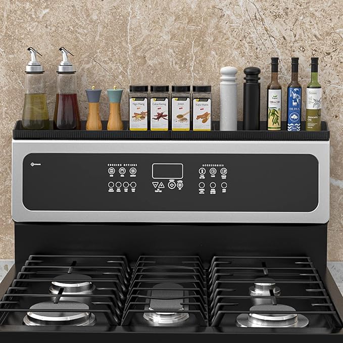 Magnetic Stove Top Shelf 30 Inch - Heat Resistant Silicone Over the Stove Shelf Spice Rack Organizer - 3 Functional Partitions Kitchen Organization and Storage for Spices, Oils & Gadgets (Black)