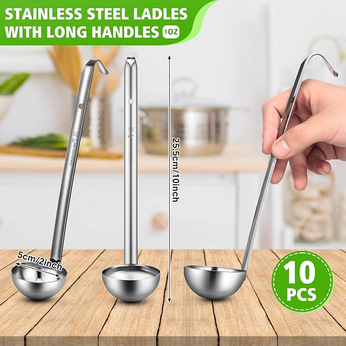 Potchen 10 Pcs Stainless Steel Soup Ladle Set Small Ladle Sturdy Long Handle Portion Control Serving Spoons for Cooking Sauce Gravy Stirring & Kitchen Home Use(1 oz)