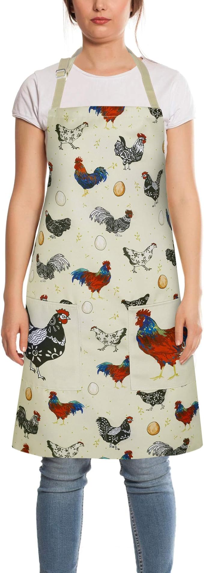 RosieLily Rooster Apron Cute Chicken Apron for Women Beige with Pockets for Cooking Baking Gardening Gifts