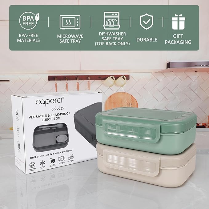 Caperci Stackable Bento Lunch Box for Adult & Teens - Reinforced Leak-Proof Lunch Container 4-Compartment with Utensils & Sauce Container, BPA-Free, Dishwasher/Microwave Safe, 47oz (Khaki Green)