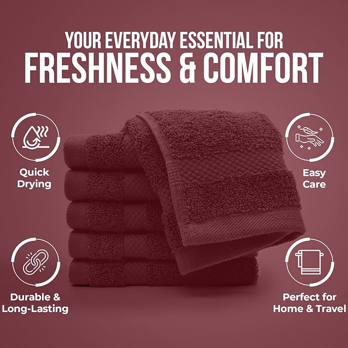 DAN RIVER 12-Pack Premium 100% Cotton Pomegranate Face Towels for Bathroom - Reusable Face Wash Cloths for Showering 12x12 Inches - 550 GSM Super Soft & Absorbent Luxury WashCloths for Body, Spa & Gym