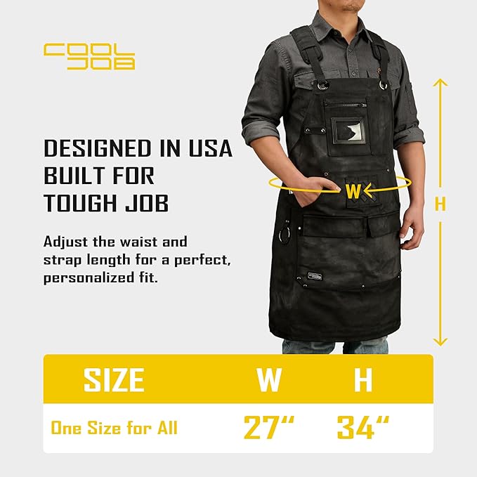 COOLJOB 16oz Waxed Canvas Work Apron with Tape Holder, Deep Pockets and Adjustable Strap, Men's Oversized Shop Apron
