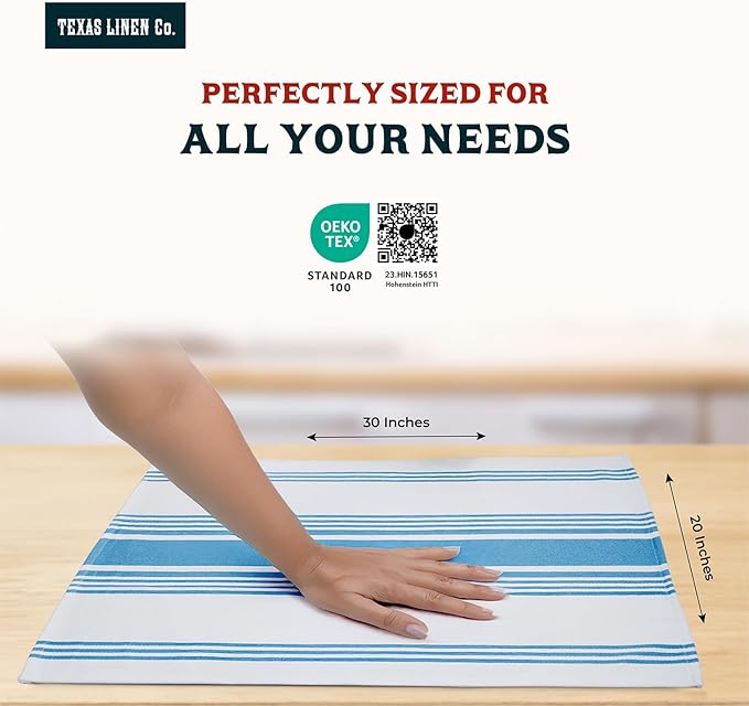 TEXAS LINEN CO. American Stripe Kitchen Towels 100% Cotton Pack of 6, Highly Absorbent Quick Drying, Soft Dish Towels 20x30 Inch for Kitchen w Hanging Loop, Hand & Tea Towel - Turquoise Blue & White