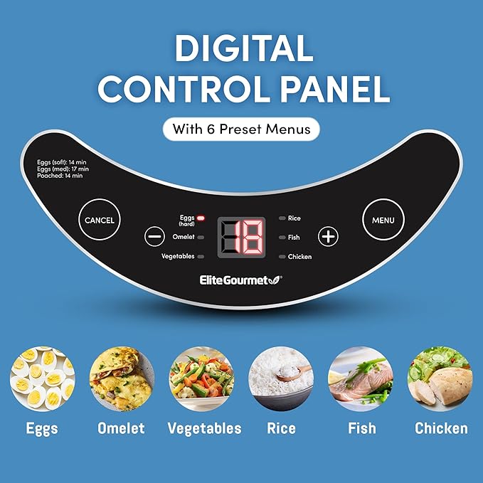 Elite Gourmet EGC314CB Digital Easy Egg Cooker Food Steamer, Poacher, Omelet, Soft, Medium, Hard-Boiled Egg with 6 Programmed Preset Functions, 2-Tiers, Measuring Cup, 14 egg capacity, Black