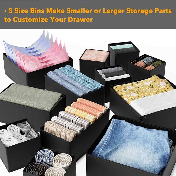 SpaceAid Drawer Organizer for Clothes, 18 Pack Dresser Drawer Organizer Bins, Closet Organizers and Storage Dividers for Clothing, Underwears, Socks (Black)