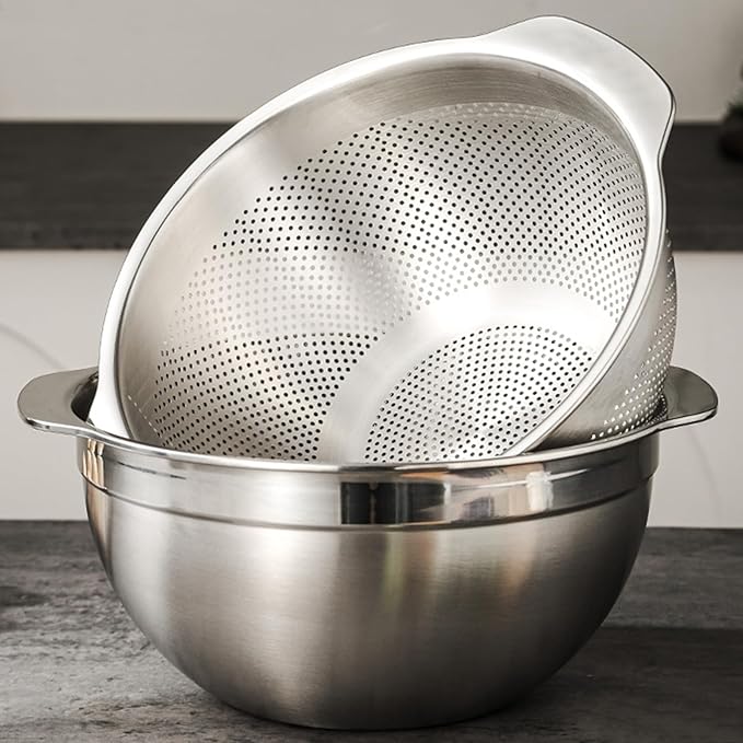 18/8 Stainless Steel Microwell Colander, 5QT Large Capacity with Handle Kitchen Food Strainer5QTColander+5QT Mixing bowl)