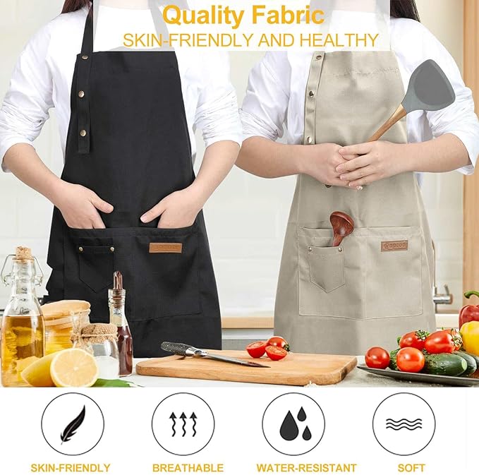 Kitchen Cooking Apron for Women Men with Big Pockets Canvas Waterproof Aprons for Server Pottery Artist Chef Apron