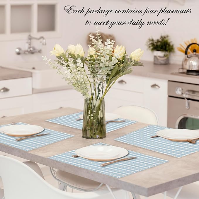 Blue and White Gingham Linen Placemats Set of 4, Waterproof Washable Heat Resistant Place Mats 12x18 Inch, Table Mat for Restaurant Outdoor Indoor Home Kitchen Party Dining Decoration-15