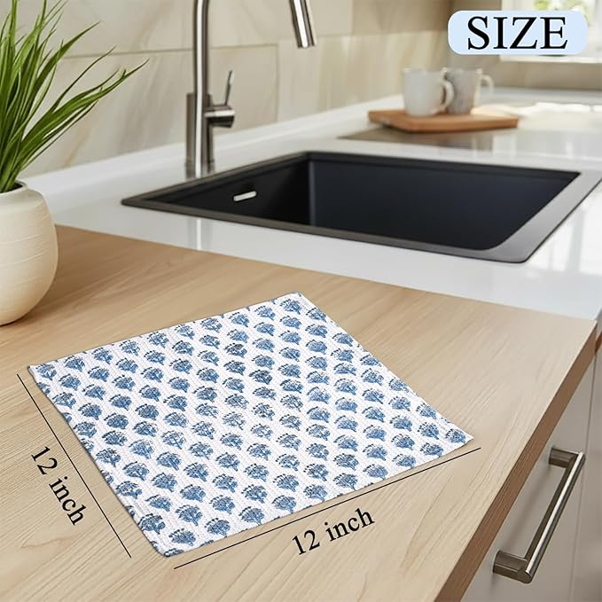 CPC Apatite Blue Hand Block Printed Cotton Waffle Dish Cloth Set of 12-12x12 Inch Super Absorbent, Soft, Reusable Kitchen Towels for Dish Drying & Cleaning Ideal for Spring, Mother's Day