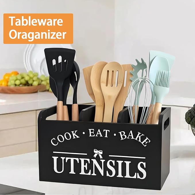 Utensil Holder,Wooden Utensil Holder for Kitchen Counter, Cooking Utensil Organizer with 3 Compartments,Utensil Crock for Silverware Spoon Spatula