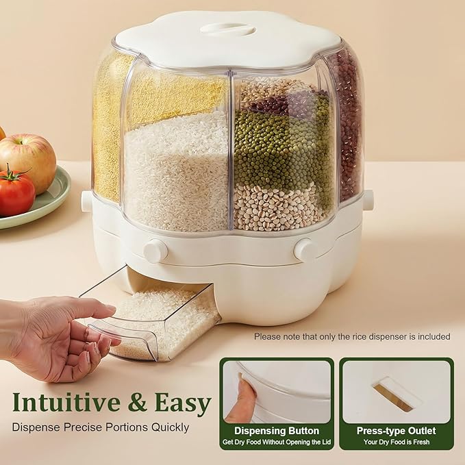 Rice Dispenser, 6 Grid 360° Rotating Rice Container Cereal Dispenser with Lid, Grain Storage Organizer Cereal Holder for Kitchen Countertop Dry Food, White, 8kg/18lbs