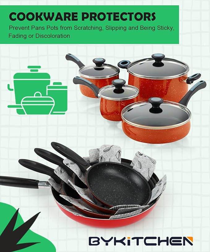 BYKITCHEN Pot and Pan Protectors for Stacking, Set of 9 & 3 Sizes, Felt Pan Separators Dividers Pads for Space Saving, Pot Protectors for Stacking and Protecting Your Cookware