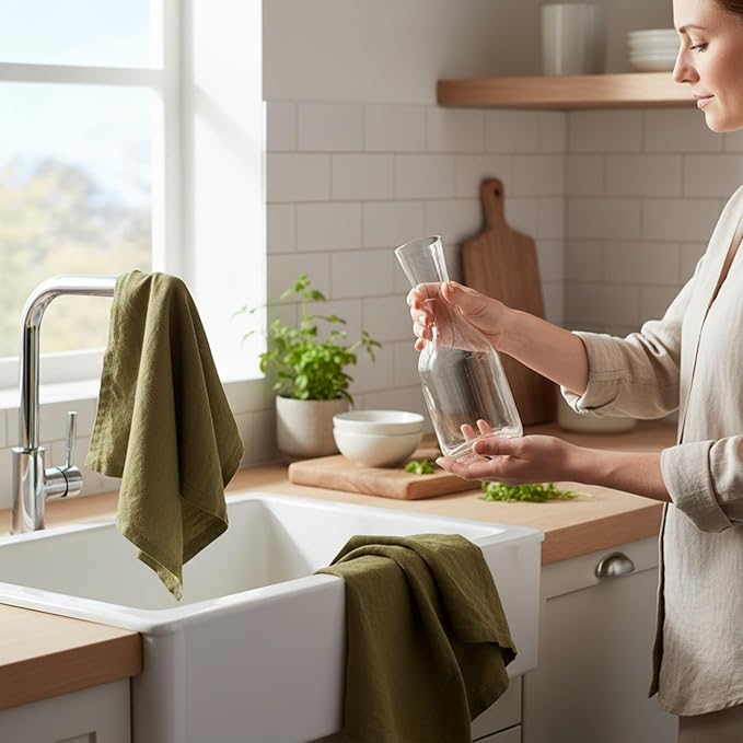 Linen Kitchen Dish Towels – 20” x 27” – 100% Pure Stonewashed Linen Hemstitch Hand Towel/Tea Towel - Set of 2 (Olive Green)