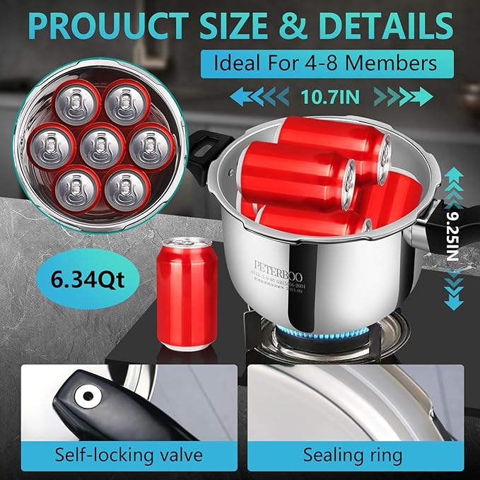 Premium 6.34 Quart Stainless Steel Pressure Cooker, Quality Crafted Kitchen Cookware, Professional Performance, Durable Design for Daily Family Cooking