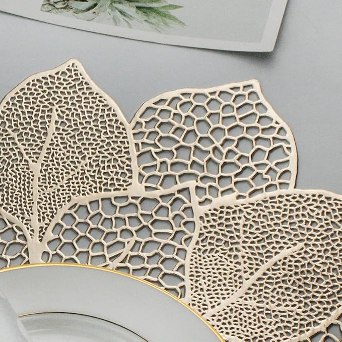 Gold Round Placemats for Dining Table Set of 6 Pressed Vinyl Metallic Table Mats Hollow Out Hibiscus Flower Place Mats for Dinner Decor Holiday Wedding Accent Centerpiece