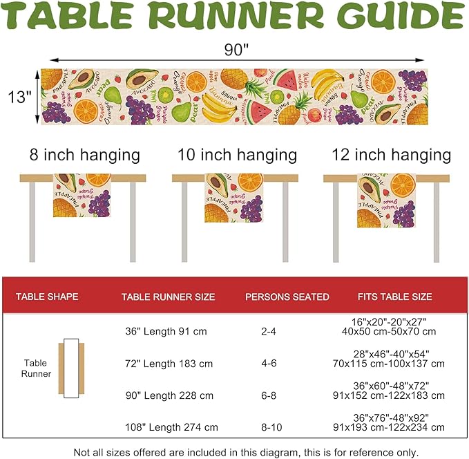 Watercolor Fruit Table Runner, Watermelon Pineapple Banana Orange Kitchen Dining Table Decoration, Spring Summer Grapes Kiwi Avocado Burlap Indoor Outdoor Home Decor Party Supply 13 x 90 Inches