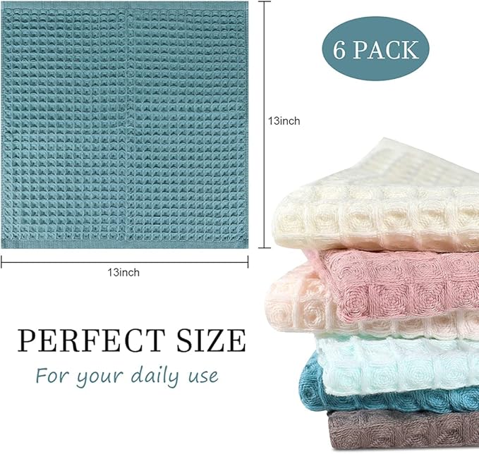 vfaejll 6 Pack Waffle Weave Dish Cloths, 13x13 Inch 100% Cotton Kitchen Towels for Washing Dishes - Super Absorbent, Quick Drying Dish Rags (Mixed Colors)