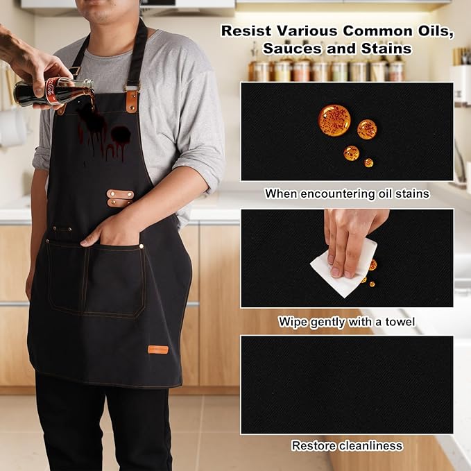 Chef Aprons for Women Men with Pockets(Functional and Large), Oil-Repellent & Water-Resistant Heavy-Duty Black Canvas with Adjustable Straps, Full-Coverage Protection for Cooking, Kitchen