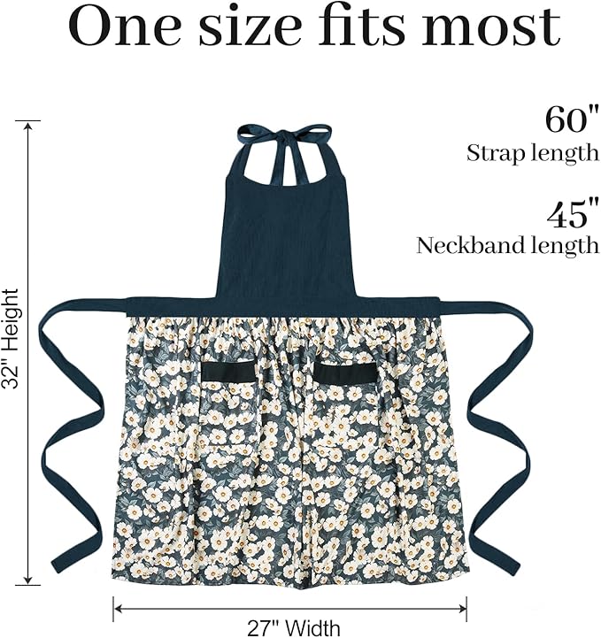 Cute Floral Aprons for Women with Pockets,Cotton Adjustable Neck Strap Apron for Kitchen Cooking Baking Gardening