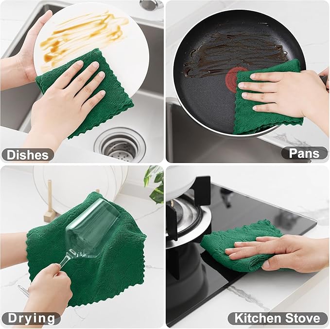 Homaxy 12 Pack Kitchen Dish Cloths, Super Soft and Absorbent Coral Velvet Dish Towels, Nonstick Oil Fast Drying Microfiber Cleaning Cloth, 10 x 10 inches, Dark Green/Tan/Red/White